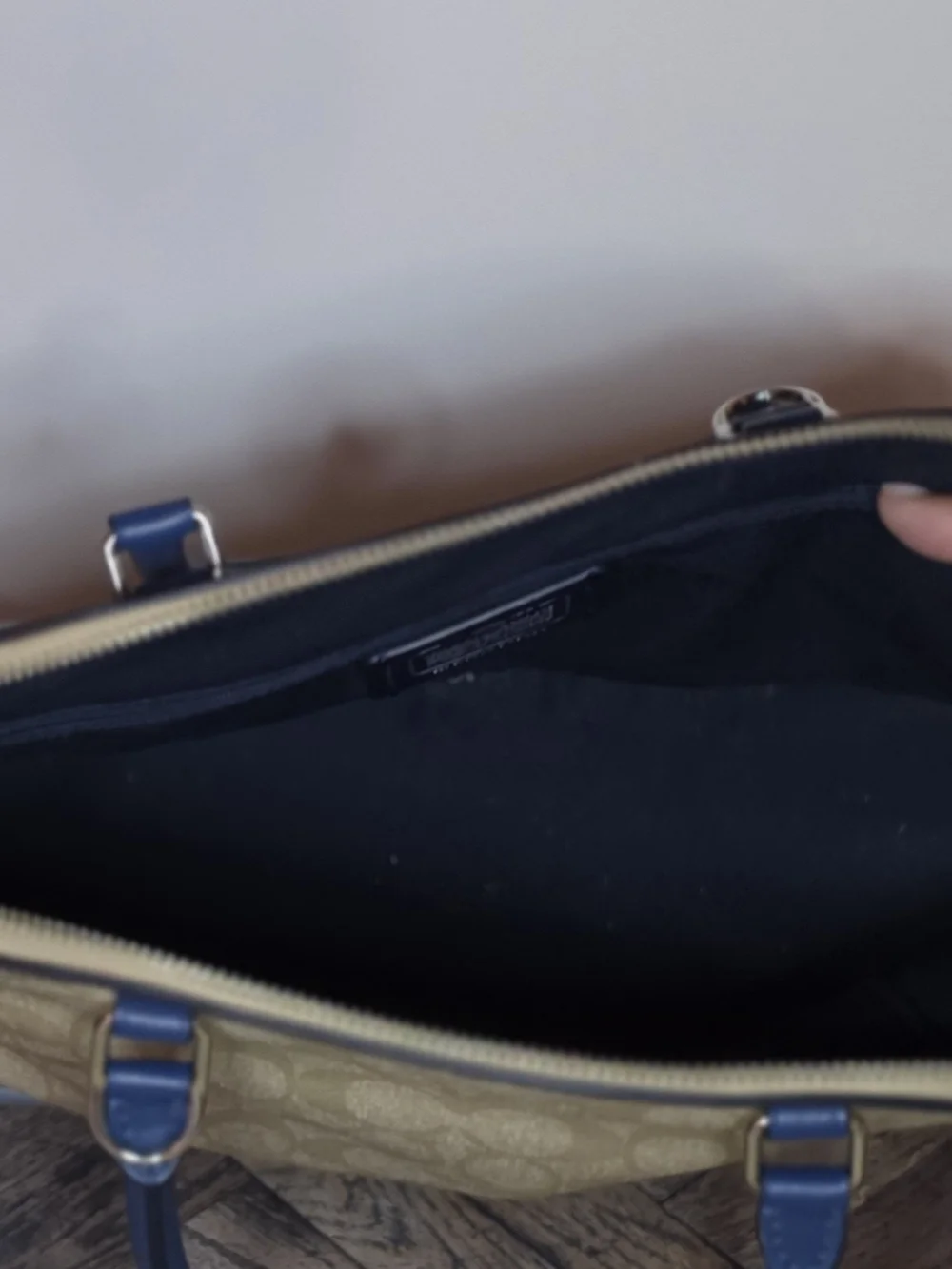 Coach Cream Signature Dome Satchel with Blue Trim